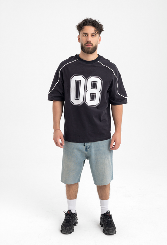 Men’s Black Jersey Tee – “08” Graphic Sports-Inspired T-Shirt