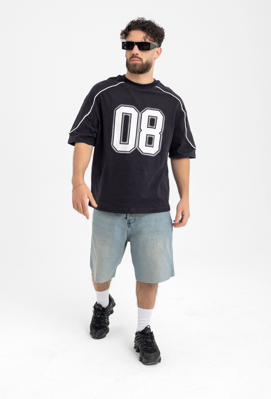 Men’s Black Jersey Tee – “08” Graphic Sports-Inspired T-Shirt