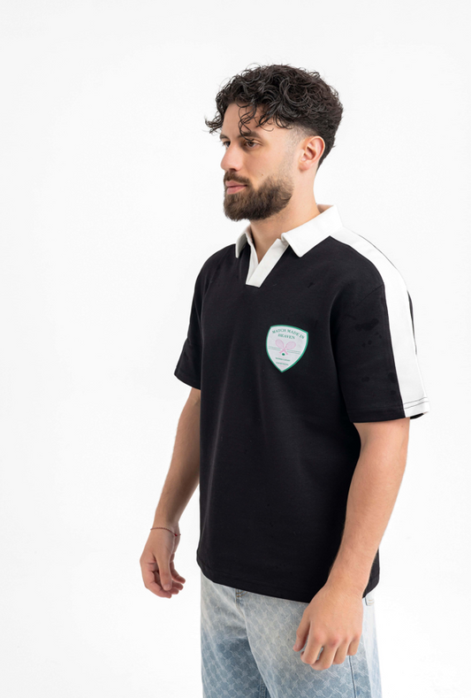 Men's Black Polo Shirt with White Collar & Side Stripe – "Match Made in Heaven" Patch