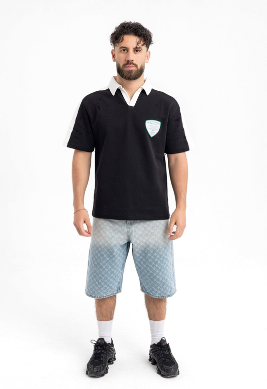 Men's Black Polo Shirt with White Collar & Side Stripe – "Match Made in Heaven" Patch