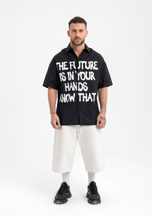 Men’s Black Statement Shirt – “The Future Is In Your Hands” Graphic Button-Up