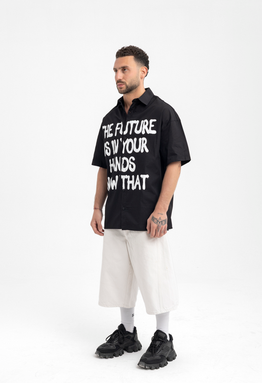 Men’s Black Statement Shirt – “The Future Is In Your Hands” Graphic Button-Up