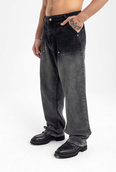 Men’s Faded Black Wide-Leg Jeans – Relaxed Fit Gradient Denim
