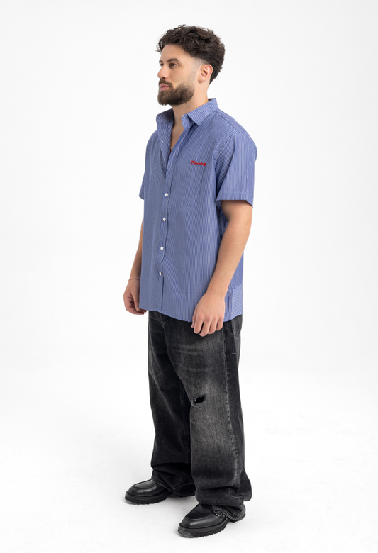 Men’s Navy Blue Striped Short-Sleeve Shirt – Casual Cool with Embroidered Detail