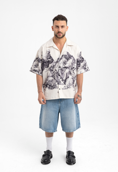 Men’s Renaissance Print Button-Up Shirt – Statement Artwear in Cream