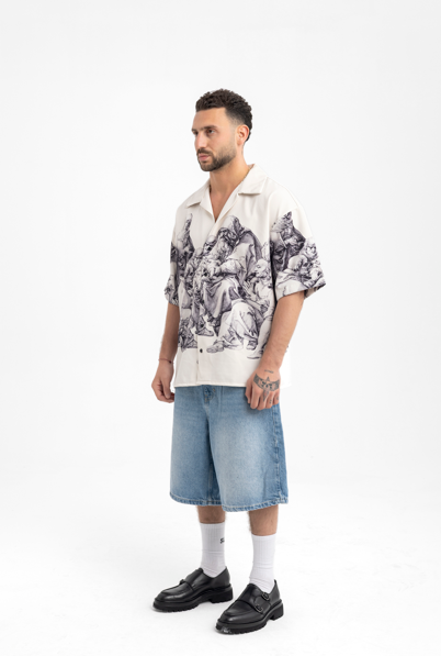 Men’s Renaissance Print Button-Up Shirt – Statement Artwear in Cream
