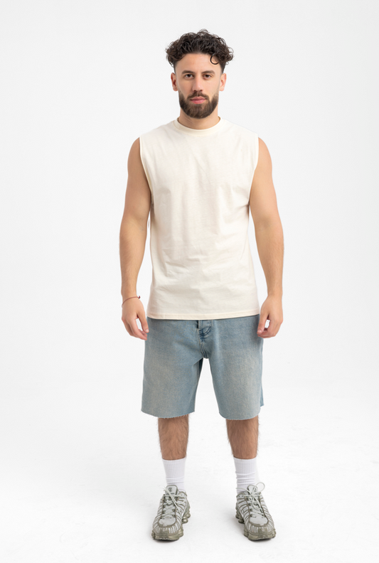Men’s Sleeveless Cream Tank Top – Minimalist Muscle Fit Tee