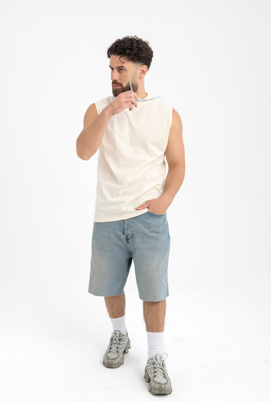 Men’s Sleeveless Cream Tank Top – Minimalist Muscle Fit Tee