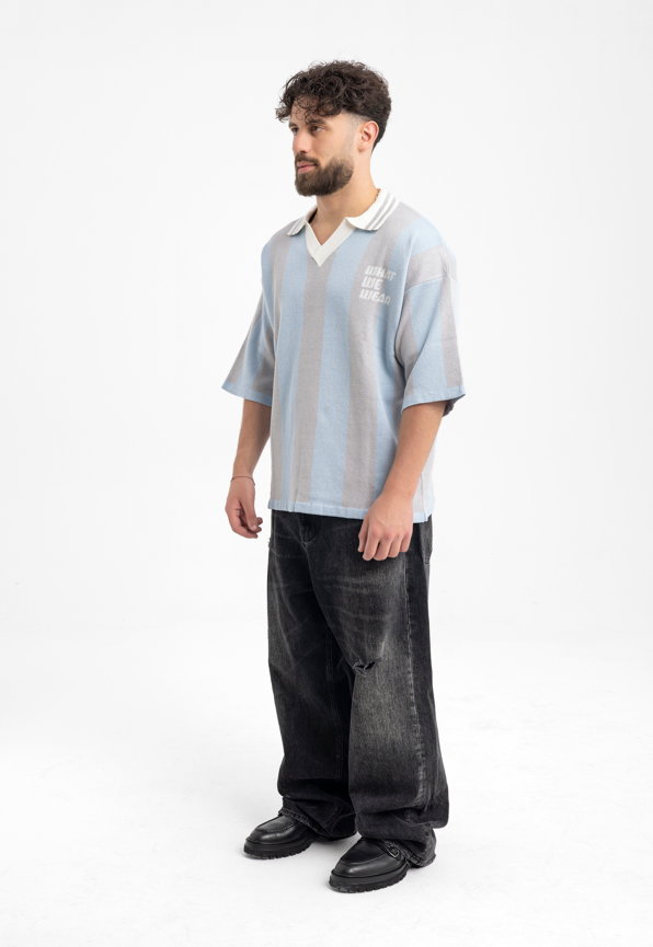 Men’s Wide Stripe Knit Polo – “What We Wear” Relaxed Fit Top