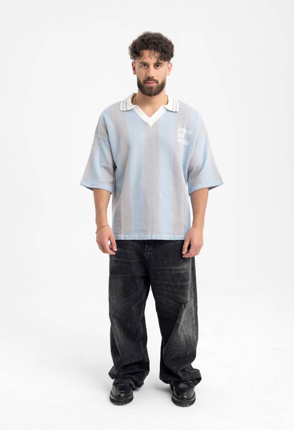 Men’s Wide Stripe Knit Polo – “What We Wear” Relaxed Fit Top