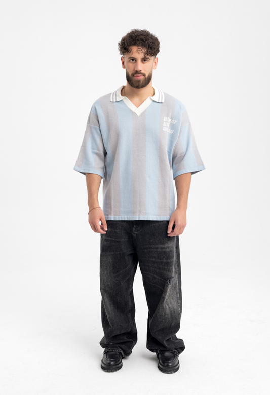 Men’s Wide Stripe Knit Polo – “What We Wear” Relaxed Fit Top