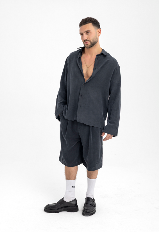 Men’s Charcoal Corduroy Button-Up Shirt & Short – Relaxed Fit Everyday Classic