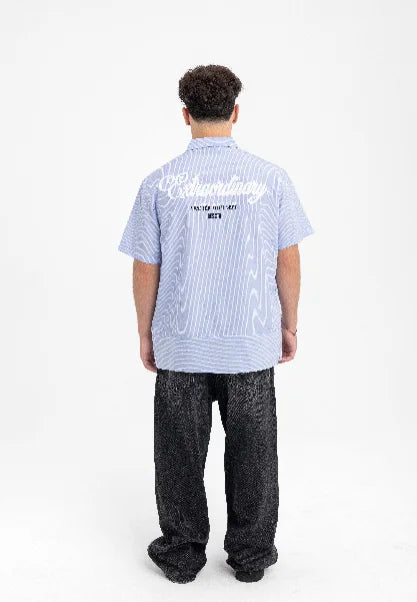 Men’s Light Blue Pinstripe Short-Sleeve Shirt – Embroidered Casual Essential