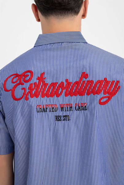 Men’s Navy Blue Striped Short-Sleeve Shirt – Casual Cool with Embroidered Detail