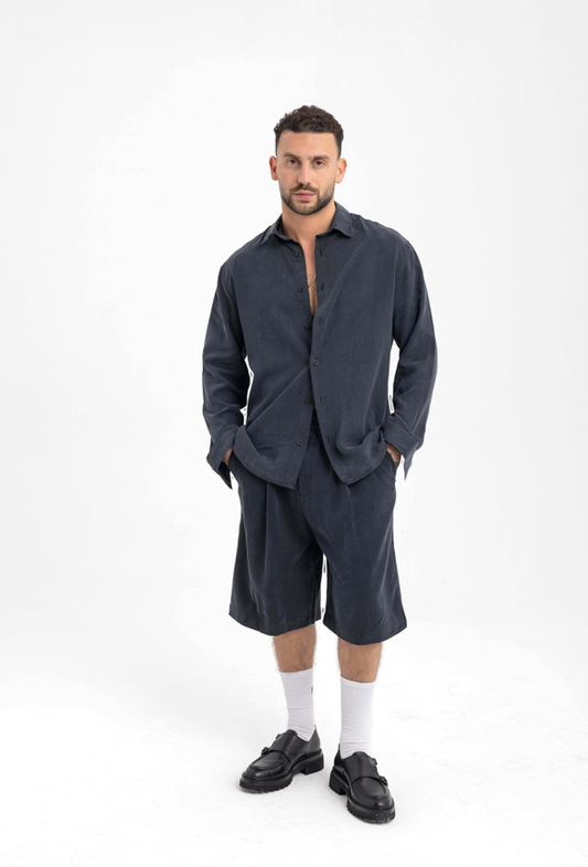 Men’s Charcoal Corduroy Button-Up Shirt & Short – Relaxed Fit Everyday Classic