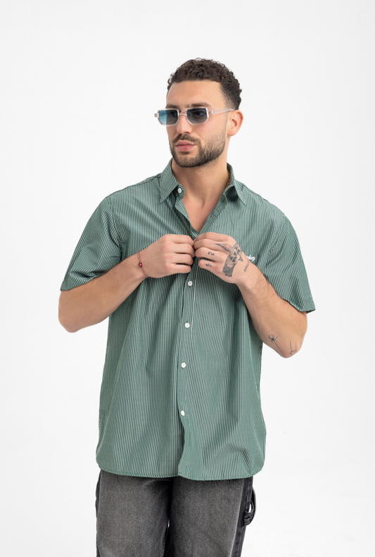 Men’s Forest Green Pinstripe Shirt – Short Sleeve with Embroidered Logo