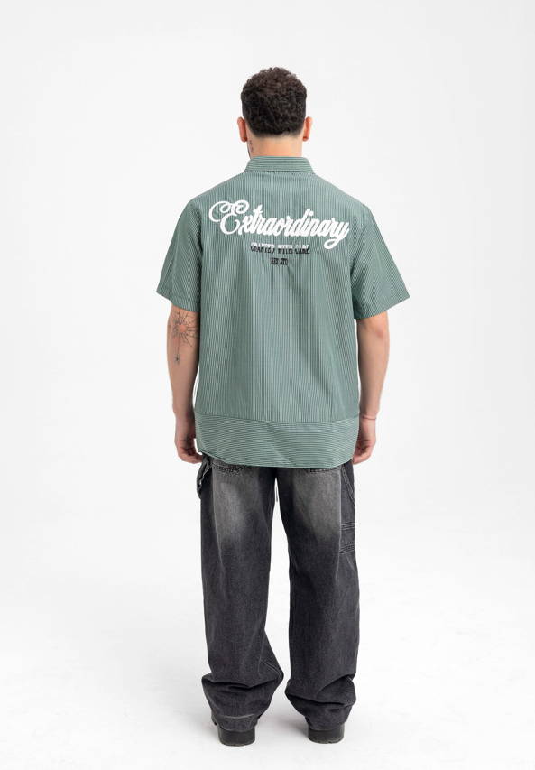 Men’s Forest Green Pinstripe Shirt – Short Sleeve with Embroidered Logo