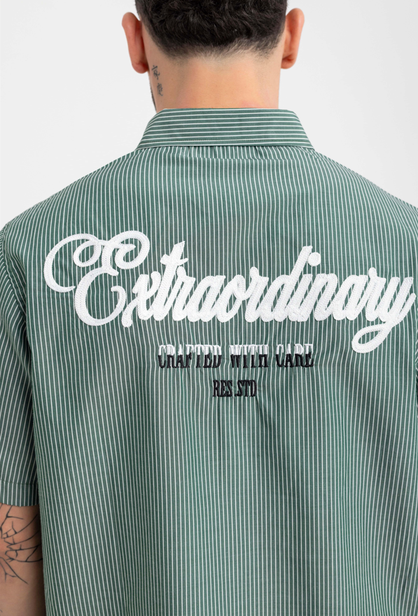Men’s Forest Green Pinstripe Shirt – Short Sleeve with Embroidered Logo