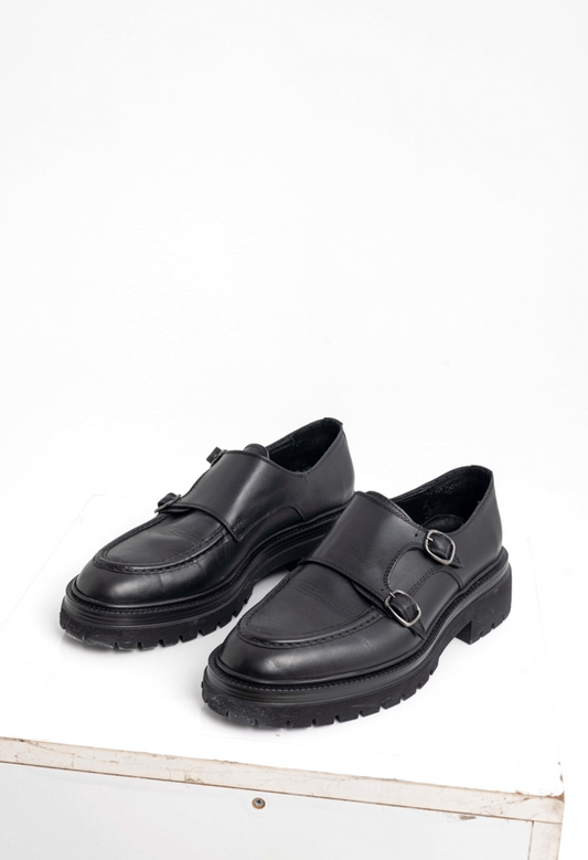 Men's Black Double Monk Strap Leather Loafers