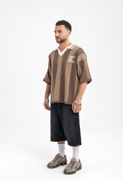 Men’s Brown Stripe Knit Polo – Retro Fit with V-Neck Collar