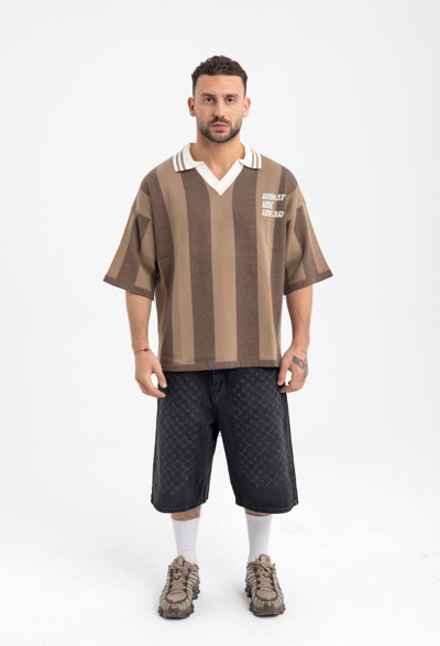 Men’s Brown Stripe Knit Polo – Retro Fit with V-Neck Collar