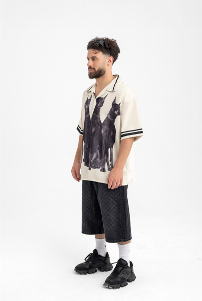Men’s Camp Collar Shirt with Doberman Graphic – Cream Statement Piece