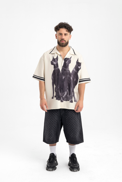 Men’s Camp Collar Shirt with Doberman Graphic – Cream Statement Piece