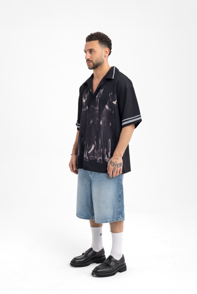 Men’s Black Camp Collar Shirt with Triple Doberman Print – Street Luxe Edition