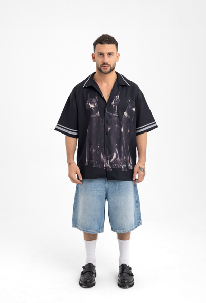 Men’s Black Camp Collar Shirt with Triple Doberman Print – Street Luxe Edition
