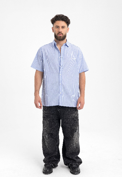 Men’s Light Blue Pinstripe Short-Sleeve Shirt – Embroidered Casual Essential