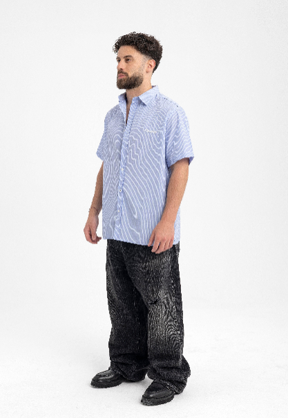 Men’s Light Blue Pinstripe Short-Sleeve Shirt – Embroidered Casual Essential