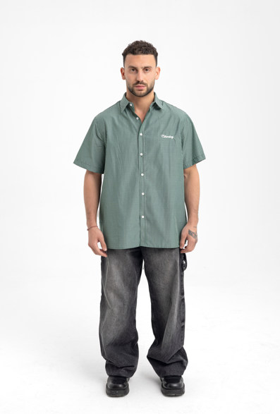 Men’s Forest Green Pinstripe Shirt – Short Sleeve with Embroidered Logo