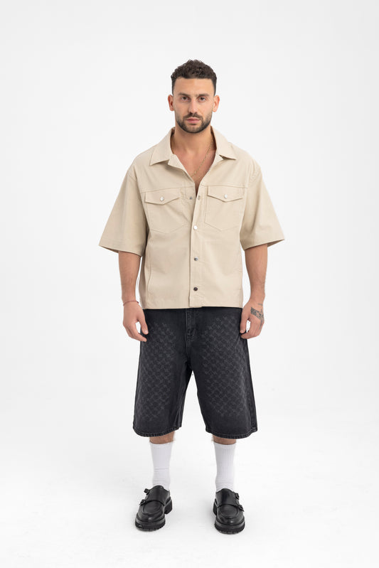 Men’s Structured Short Sleeve Utility Shirt – Sandstone Beige