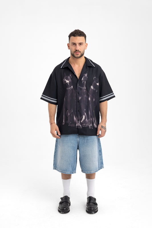 Men’s Black Camp Collar Shirt with Triple Doberman Print – Street Luxe Edition