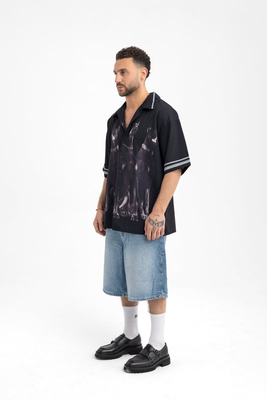 Men’s Black Camp Collar Shirt with Triple Doberman Print – Street Luxe Edition