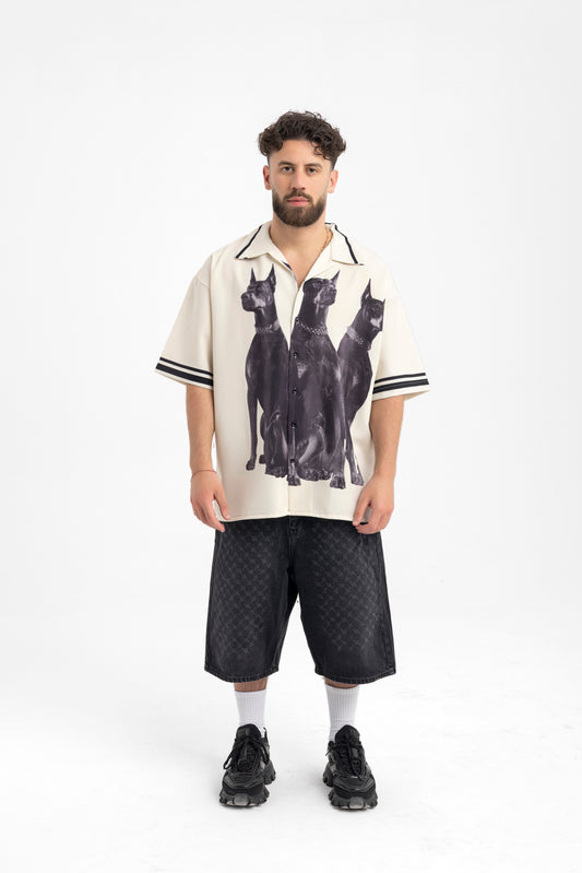 Men’s Camp Collar Shirt with Doberman Graphic – Cream Statement Piece