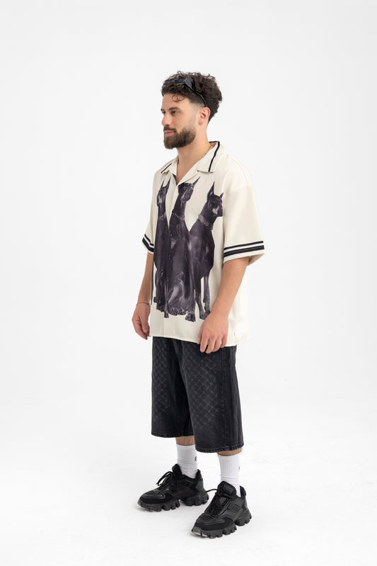 Men’s Camp Collar Shirt with Doberman Graphic – Cream Statement Piece