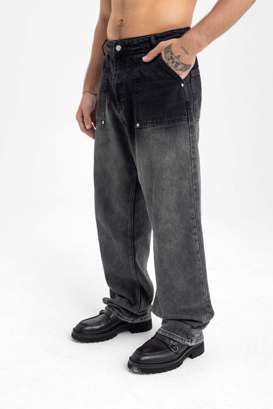 Men’s Faded Black Wide-Leg Jeans – Relaxed Fit Gradient Denim - KALIN OFFICIAL