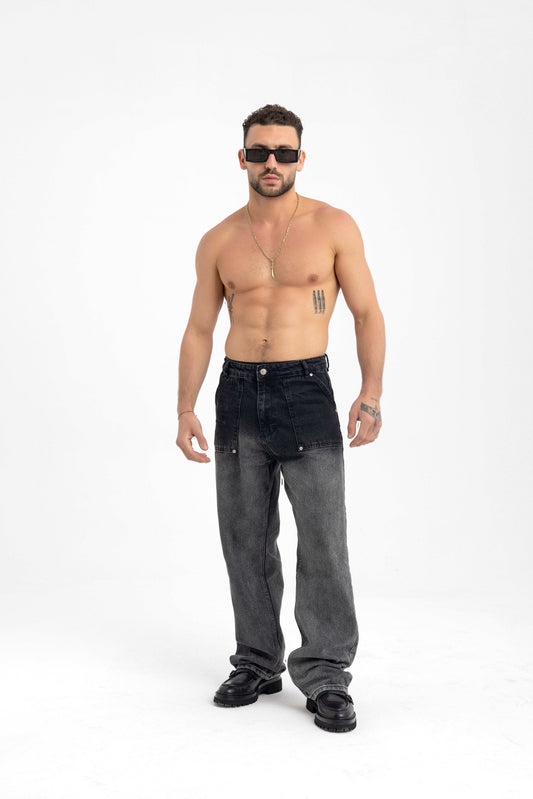 Men’s Faded Black Wide-Leg Jeans – Relaxed Fit Gradient Denim - KALIN OFFICIAL