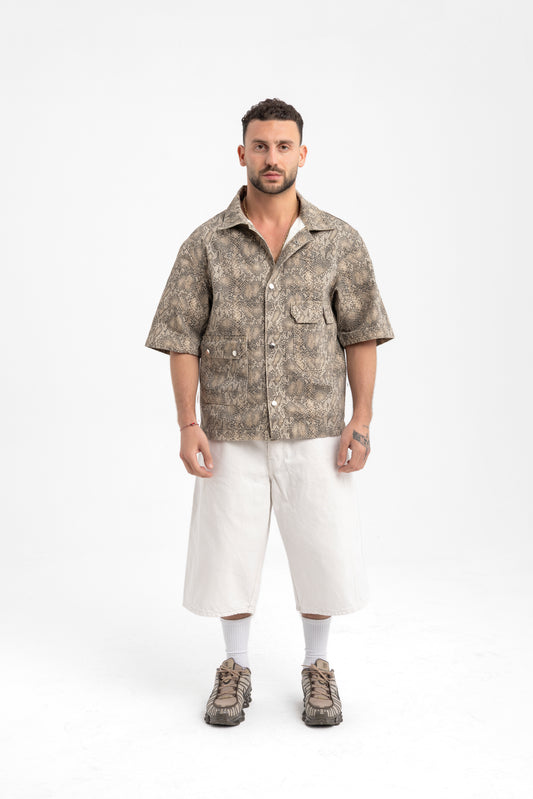 Men’s Snake Print Utility Shirt – Statement Short Sleeve Button-Up