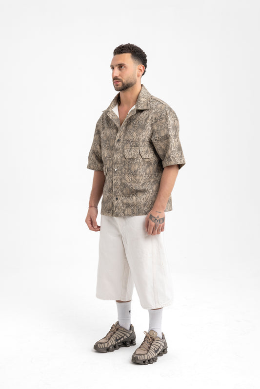 Men’s Snake Print Utility Shirt – Statement Short Sleeve Button-Up