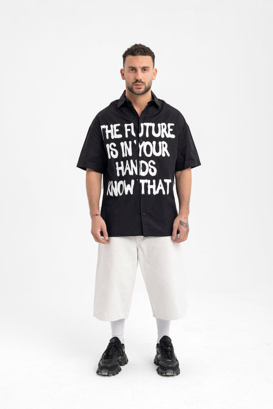 Men’s Black Statement Shirt – “The Future Is In Your Hands” Graphic Button-Up