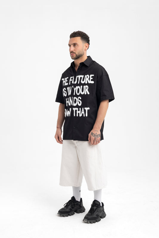 Men’s Black Statement Shirt – “The Future Is In Your Hands” Graphic Button-Up