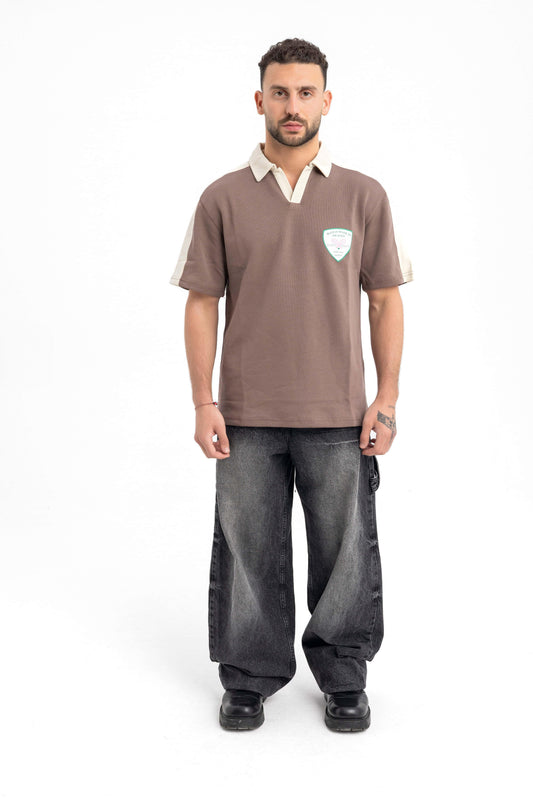 Men’s Cocoa Brown Polo T-Shirt – Retro Sport Crest Edition - KALIN OFFICIAL