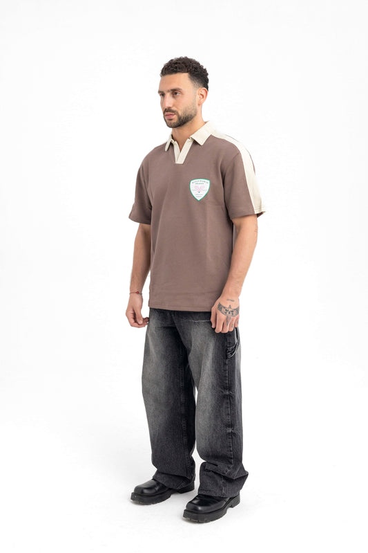Men’s Cocoa Brown Polo T-Shirt – Retro Sport Crest Edition - KALIN OFFICIAL
