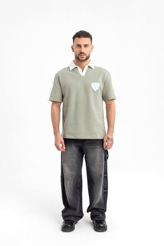 Men’s Sage Green Polo T-Shirt – Retro Crest Patch Edition - KALIN OFFICIAL