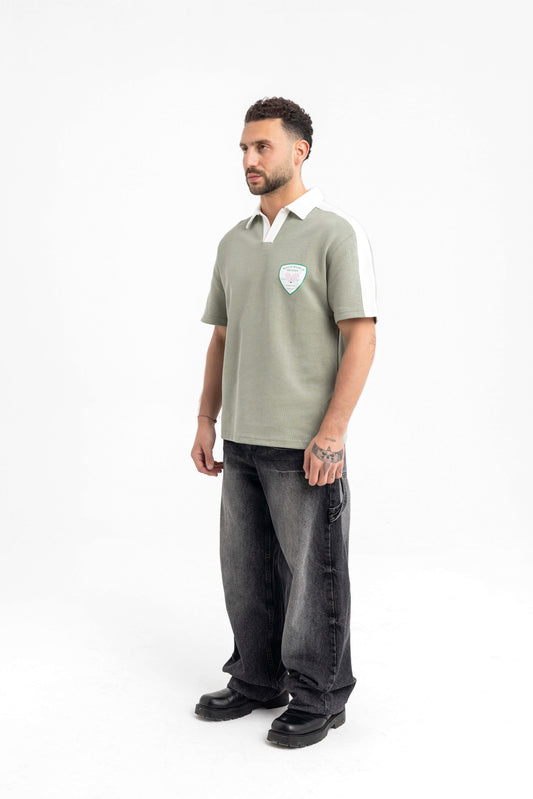 Men’s Sage Green Polo T-Shirt – Retro Crest Patch Edition - KALIN OFFICIAL