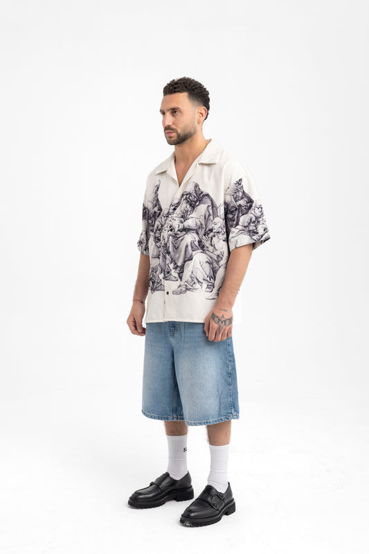 Men’s Renaissance Print Button-Up Shirt – Statement Artwear in Cream