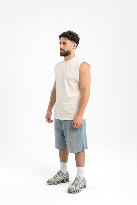 Men’s Sleeveless Cream Tank Top – Minimalist Muscle Fit Tee