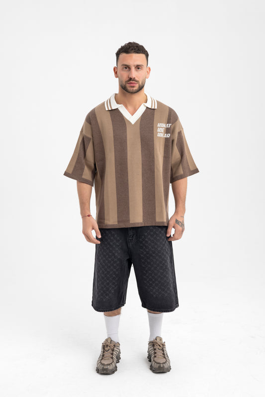 Men’s Brown Stripe Knit Polo – Retro Fit with V-Neck Collar